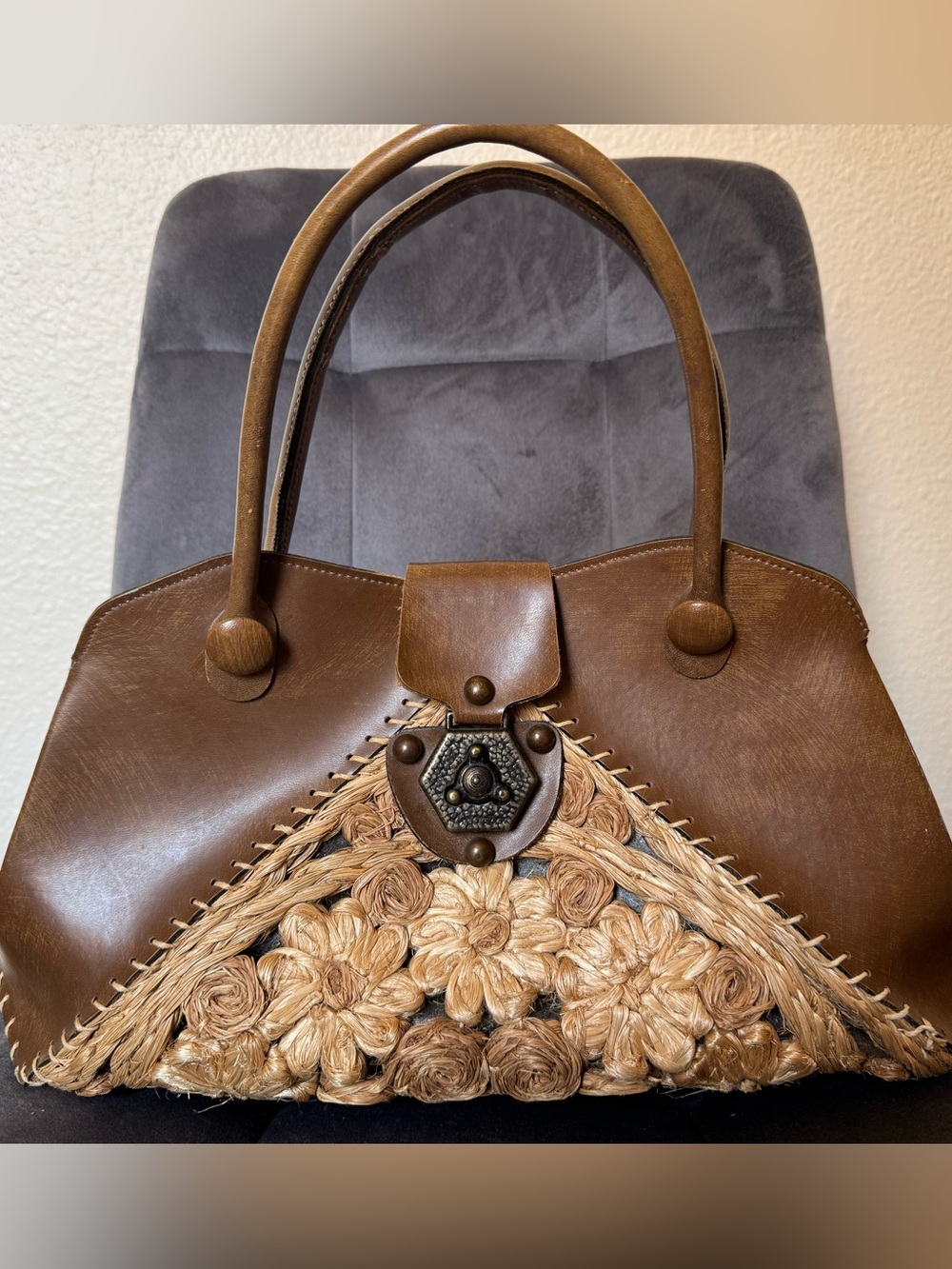 Vintage Rare Mahler California Brown Leather Wood Floral Handbag